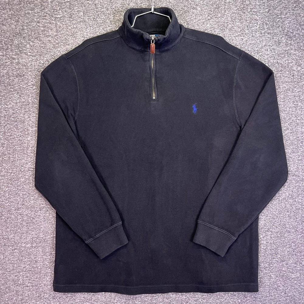 Polo Ralph Lauren Quarter Zip Pullover Mens L Black Cotton Casual Mock Neck Pony